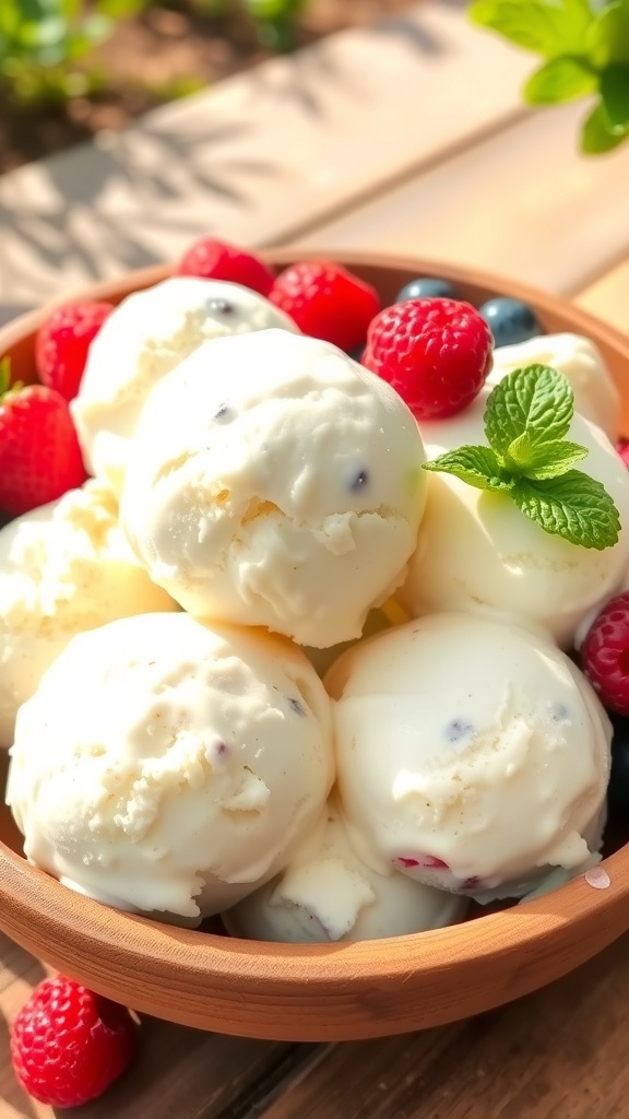 A bowl of homemade vanilla ice cream with berries and mint, set in a sunny outdoor scene.